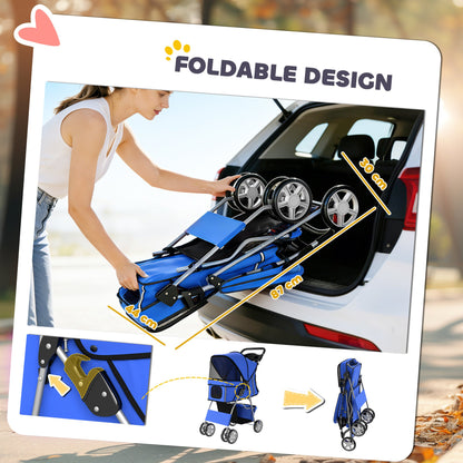 PawHut Dog Pram, Pet Stroller with Reflective Strips, Foldable Cat Stroller with 360Â° Swivel Wheels, Blue