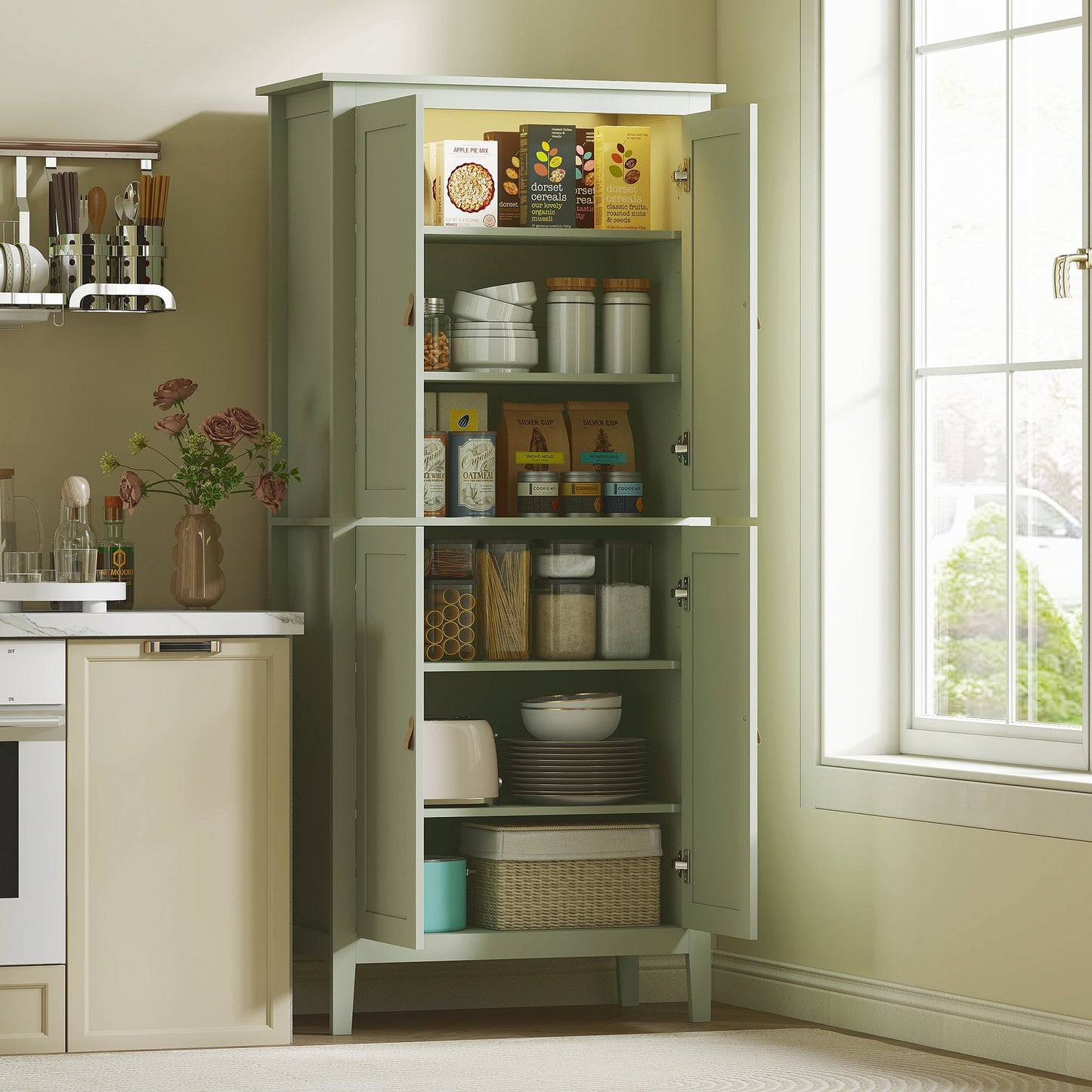 HOMCOM Tall Pantry Cupboard with Motion Sensor LED Light - Green