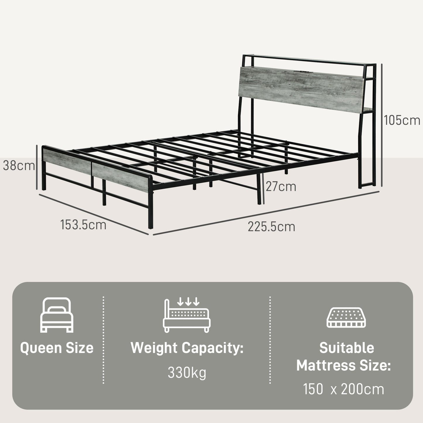 HOMCOM King Steel Bed Frame, with LED Lights and Headboard Shelf - Grey