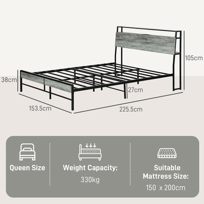 HOMCOM King Steel Bed Frame, with LED Lights and Headboard Shelf - Grey