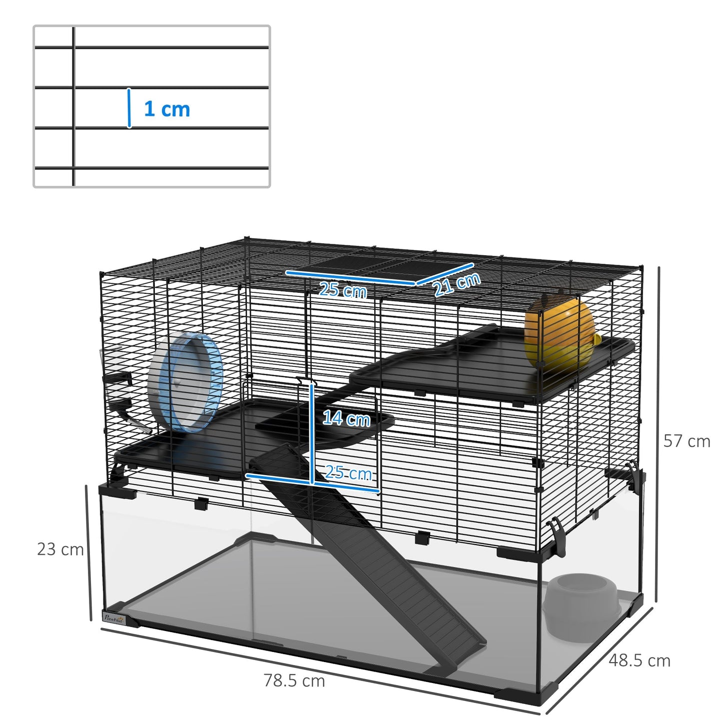 PawHut 3 Tiers Hamster Cage, Gerbil Cage with Deep Glass Bottom, Non-Slip Ramps, Platforms, Hut, Exercise Wheels, Water Bottle, Dish, for Syrian Hamster, Dwarf Hamster, 78.5 x 48.5 x 54.5cm