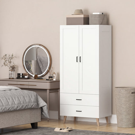 HOMCOM 2-Door Wardrobe, Modern Wardrobe with 2 Drawers and Hanging Rail for Bedroom, White