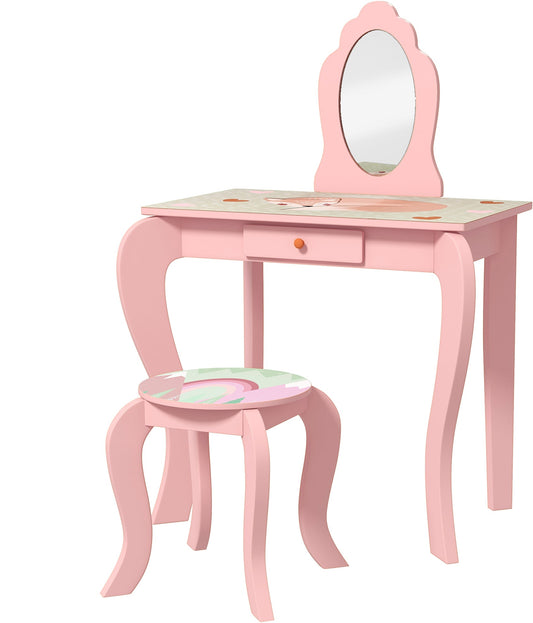 ZONEKIZ Kids Dressing Table with Mirror and Stool, Girls Vanity Table Makeup Desk with Drawer, Cute Animal Design, for 3-6 Years - Pink