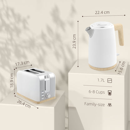 HOMCOM Stainless Steel Kettle and Toaster Set, 1.7L 3000W Fast Boil Kettle & 2 Slice Toaster Kitchen Set with 7 Level Browning Controls, Defrost, Reheat, Auto Off, Boil-dry Protection, White