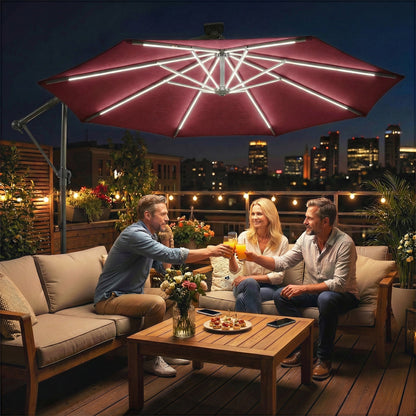 Outsunny 3 m Garden Cantilever Parasol with LED Solar Light, Round Overhanging Umbrella with 360 degrees Rotation, Cover, Wine Red