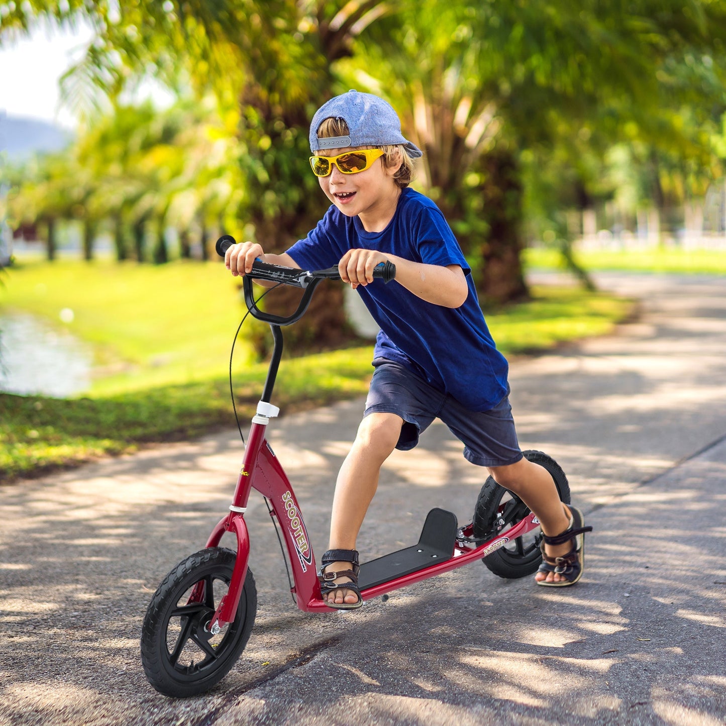HOMCOM Kids Scooter Kick Scooter, with 12" EVA Tyres, Rear Brake, Big Wheels Scooter for 5-12 Years , Red