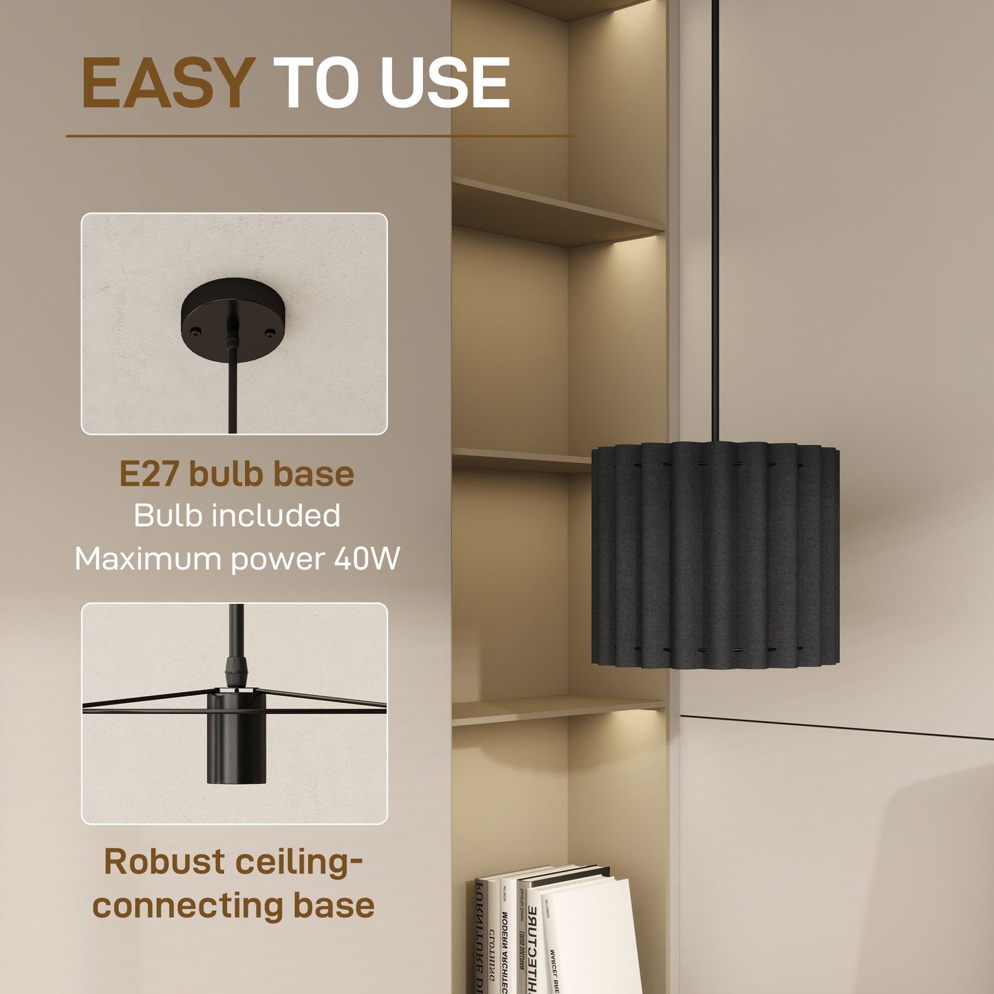 HOMCOM Linen Pendant Light, Bedside Ceiling Lamps with E27 Bulb, Modern Hanging Lights for Living Room, Bedroom, Kitchen, Hallway, Black