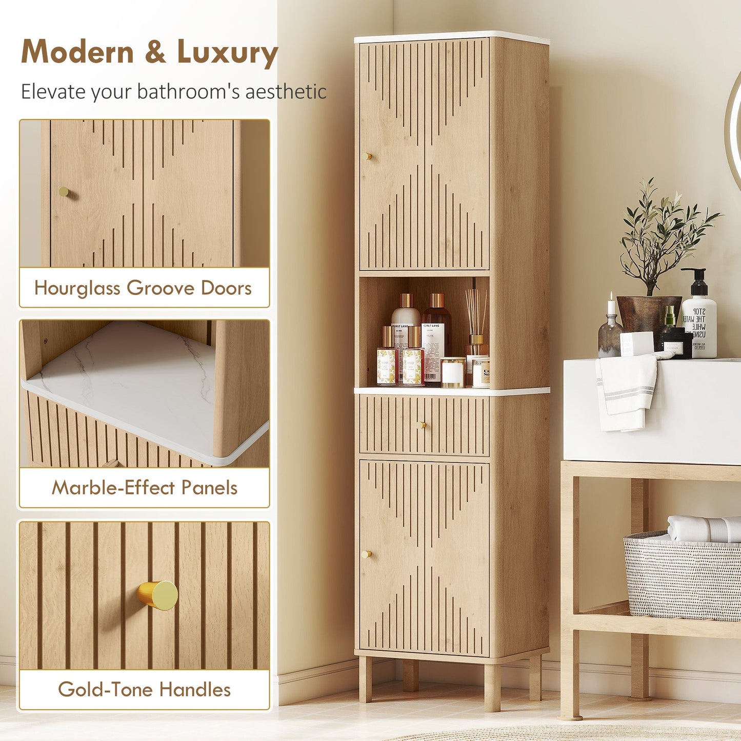 HOMCOM Slim Bathroom Cabinet with Silent Drawer Rail for Scandinavian, Japanese Styles - Wood-Effect