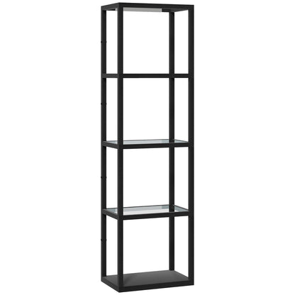 HOMCOM LED Floor Lamp with Glass Shelves, 4 Layers Dimmable Tall Standing Lamp, Modern Column Shelf Floor Light for Living Room, Bedroom, Office, Black