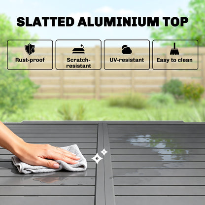 Outsunny Extending Garden Table for 4-8 People, Aluminium Outdoor Dining Table with Slatted Top, Dark Grey