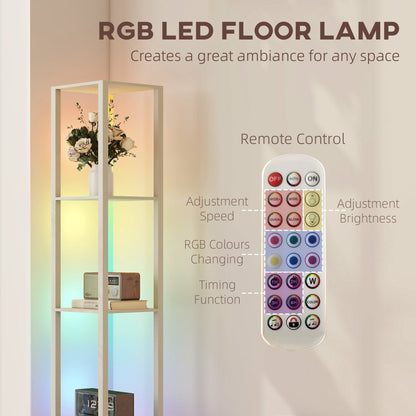 HOMCOM RGB LED Floor Lamp with Shelves, Modern Dimmable Standing Lamp with Remote Control, Adjustable Brightness & Speed for Living Room, Bedroom, Office, Oak