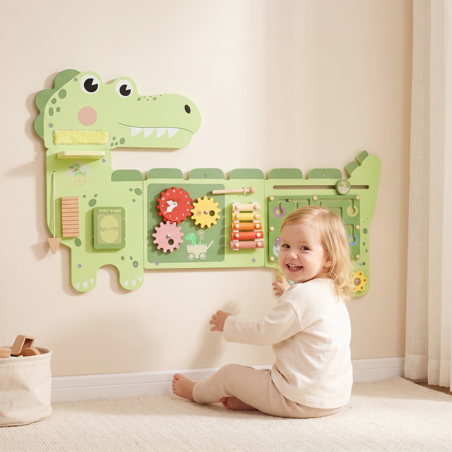 AIYAPLAY Busy Board Panels, Wall Mounted Montessori Inspired Busy Board, Toddler Learning Centre Dinosaur Theme, Green