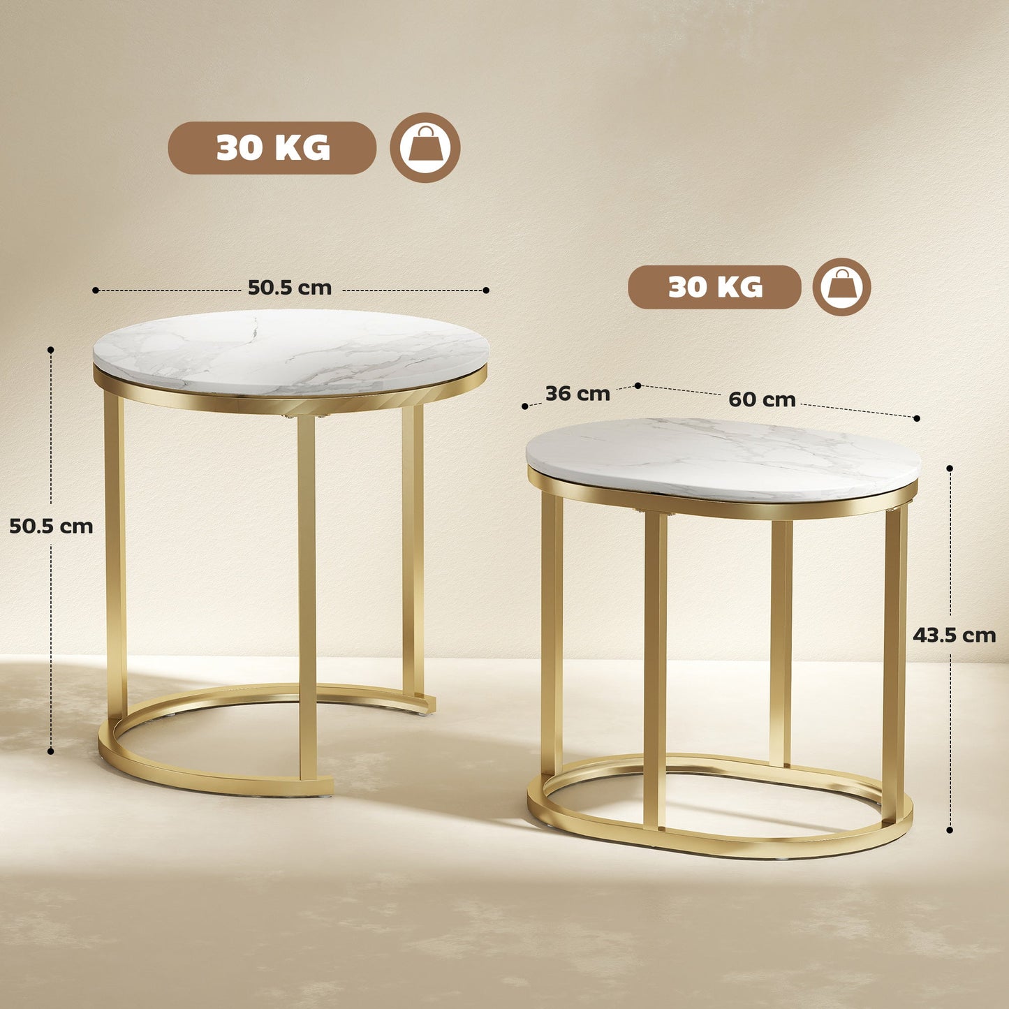 HOMCOM Nest of Tables with Steel Frame and Faux Marble Tabletop, Modern Coffee Table Set of 2, Gold Tone/White