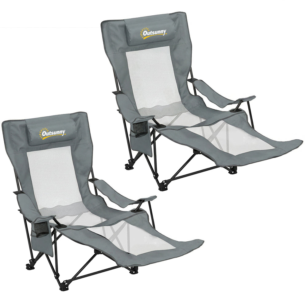 Outsunny Camping Chair Reclining Portable Camp Chair with Detachable Footrest Cup Holder Grey