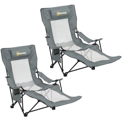Outsunny Camping Chair Reclining Portable Camp Chair with Detachable Footrest Cup Holder Grey