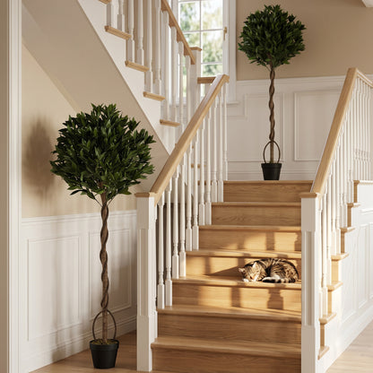 Outsunny Realistic Lush Topiary Ball Tree, Artificial Bay Laurel Topiary Trees with Weighted Pot, Set of 2, Green
