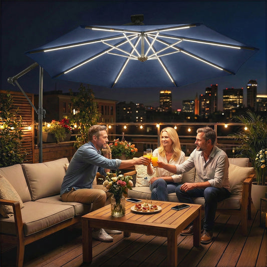 Outsunny 3 m Garden Cantilever Parasol with LED Solar Light, Round Overhanging Umbrella with 360 degrees Rotation, Cover, Navy Blue