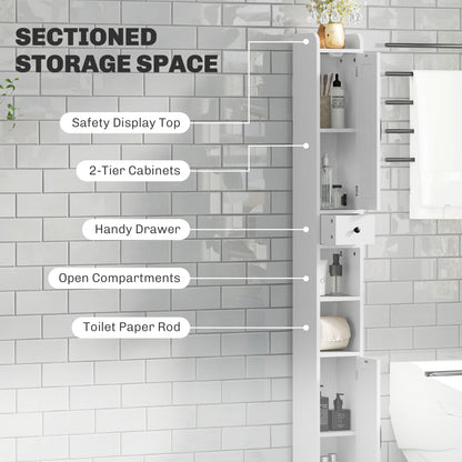 HOMCOM Tall Bathroom Cabinet, Farmhouse Slim Bathroom Storage Cabinet with Barn Doors, Toilet Paper Roll Holder, Drawer and Adjustable Shelves, Narrow Bathroom Storage Unit, 20 x 20 x 185cm, White