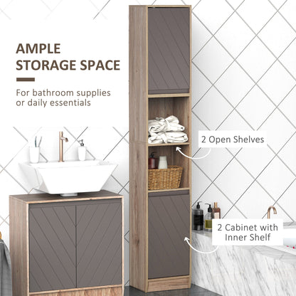 HOMCOM Narrow Bathroom Cabinet, Slim Bathroom Storage Unit with Open Compartment, Freestanding Storage Cupboard with Adjustable Shelves for Small Spaces, 30 x 24 x 170 cm, Grey and Oak