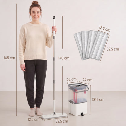HOMCOM Mop and Bucket Set, Compact Flat Mop and Bucket with Wringer, 2-Chamber Design, 5 Reusable Microfiber Pads, White
