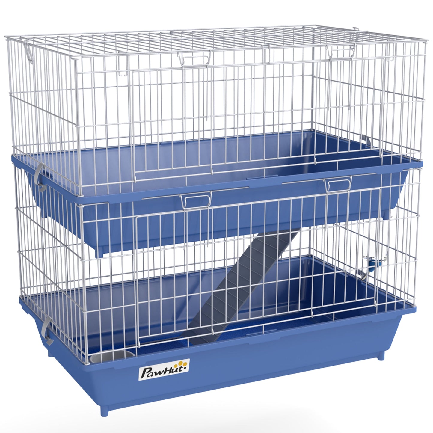 PawHut Double Tier Small Animal Cage Rabbit Chinchillas Cage w/ Ramp Food Dish Water Bottle Deep Trays Pet Home 72 x 44 x 67 cm