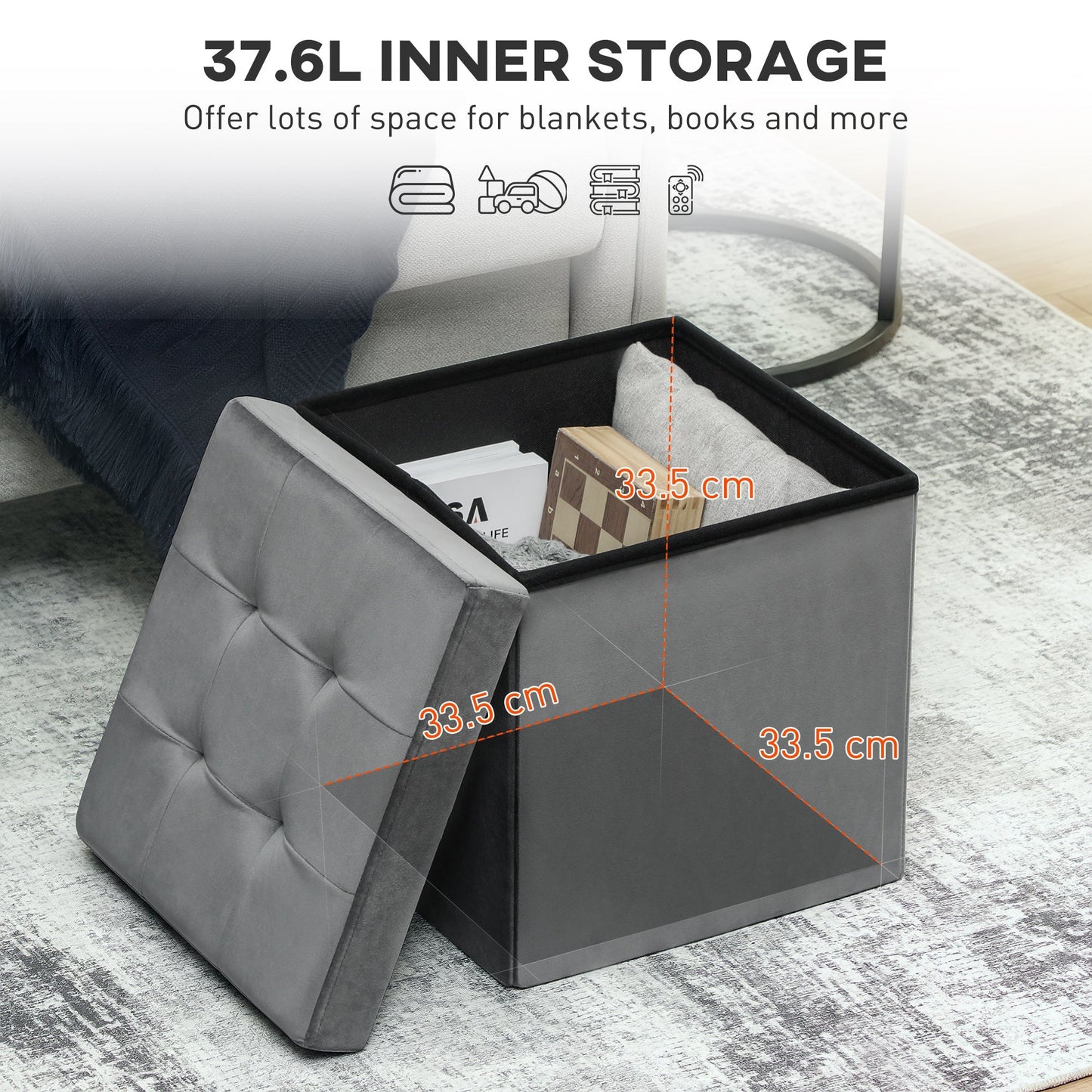 HOMCOM Foldable Velvet-Feel Storage Ottoman - Grey