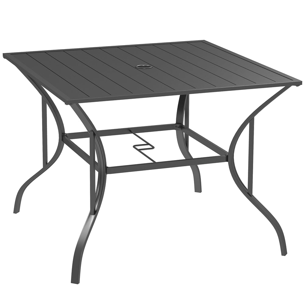 Outsunny 94 x 94 cm Garden Table with Parasol Hole, Outdoor Dining Garden Table for Four with Slatted Metal Plate Top, Dark Grey