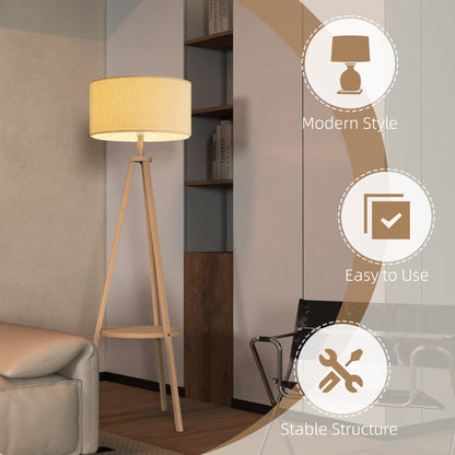HOMCOM Bedside Light, Tripod Floor Lamp with Storage Shelf and Linen Shade for Living Room, 160cm, Natural Wood Colour