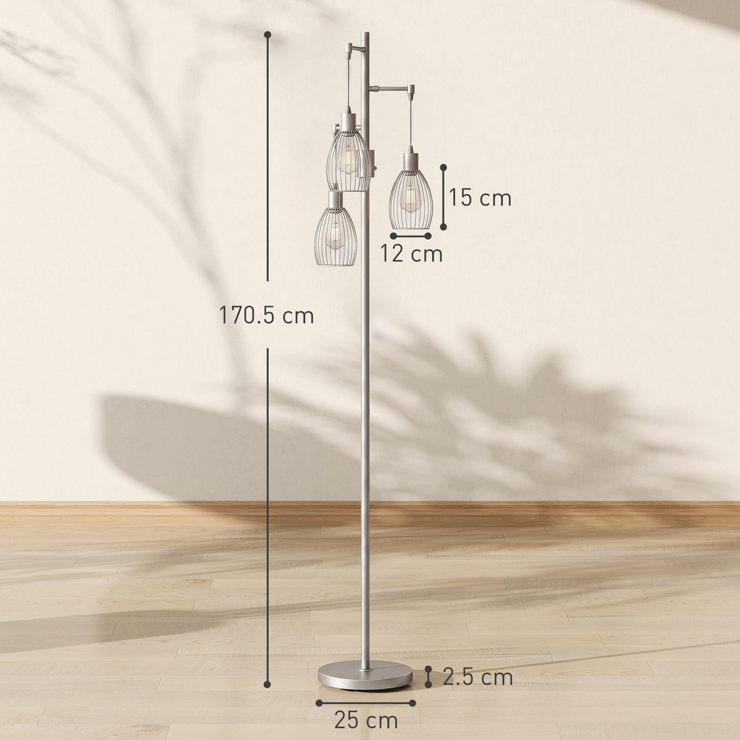 HOMCOM 170.5cm Industrial Dimmable Standing Lamp, 3-Light Floor Lamp with Steel Wire Cage Lampshades, Silver Tone