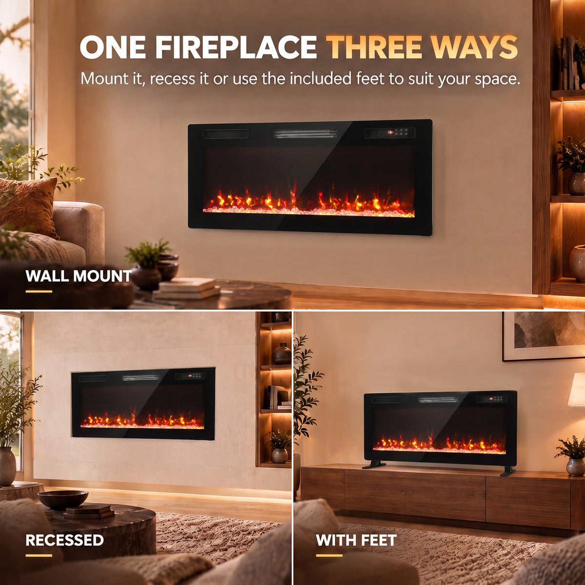 HOMCOM Ultra-Thin Electric Fire Wall Mounted/Recessed/Freestanding 102cm/40" Electric Fireplace with 12 Colours, 5 Brightness