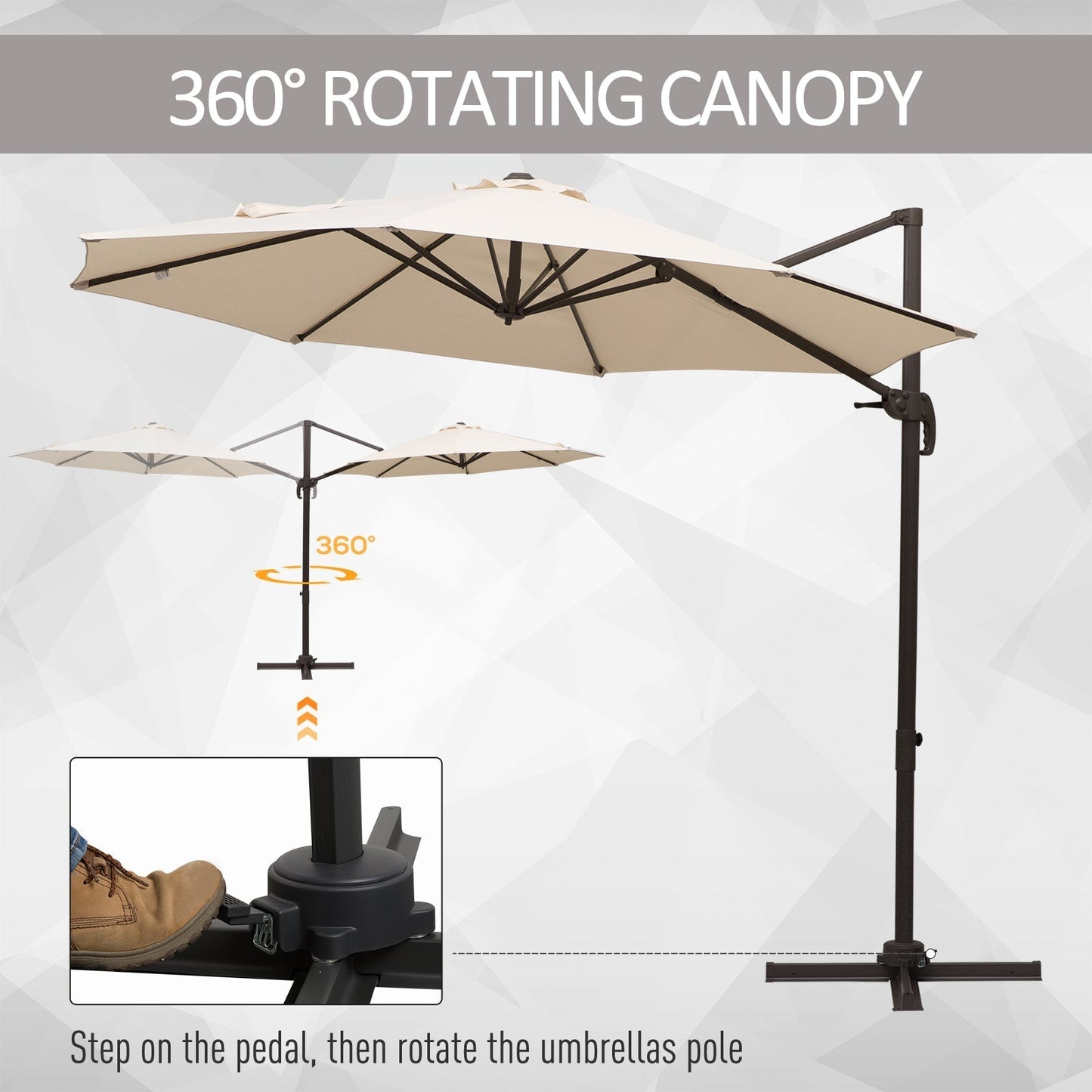 Outsunny 3M Banana Parasol Hanging Cantilever Umbrella W/ Cross Base Hand Crank Aluminium Frame 360CinfinityRotation Hand Crank-Beige