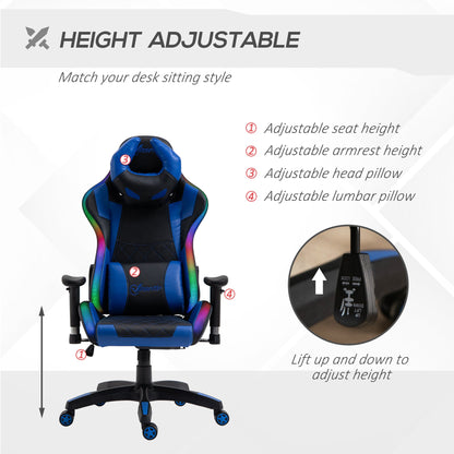 Vinsetto Racing Gaming Chair with RGB LED Light, Lumbar Support, Swivel Home Office Computer Recliner High Back Gamer Desk Chair, Black Blue