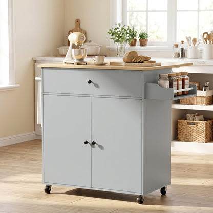 HOMCOM Kitchen Island with Drop Leaf, Rolling Kitchen Storage Trolley on Wheels with Drawer, Spice Rack and Towel Rack, Grey