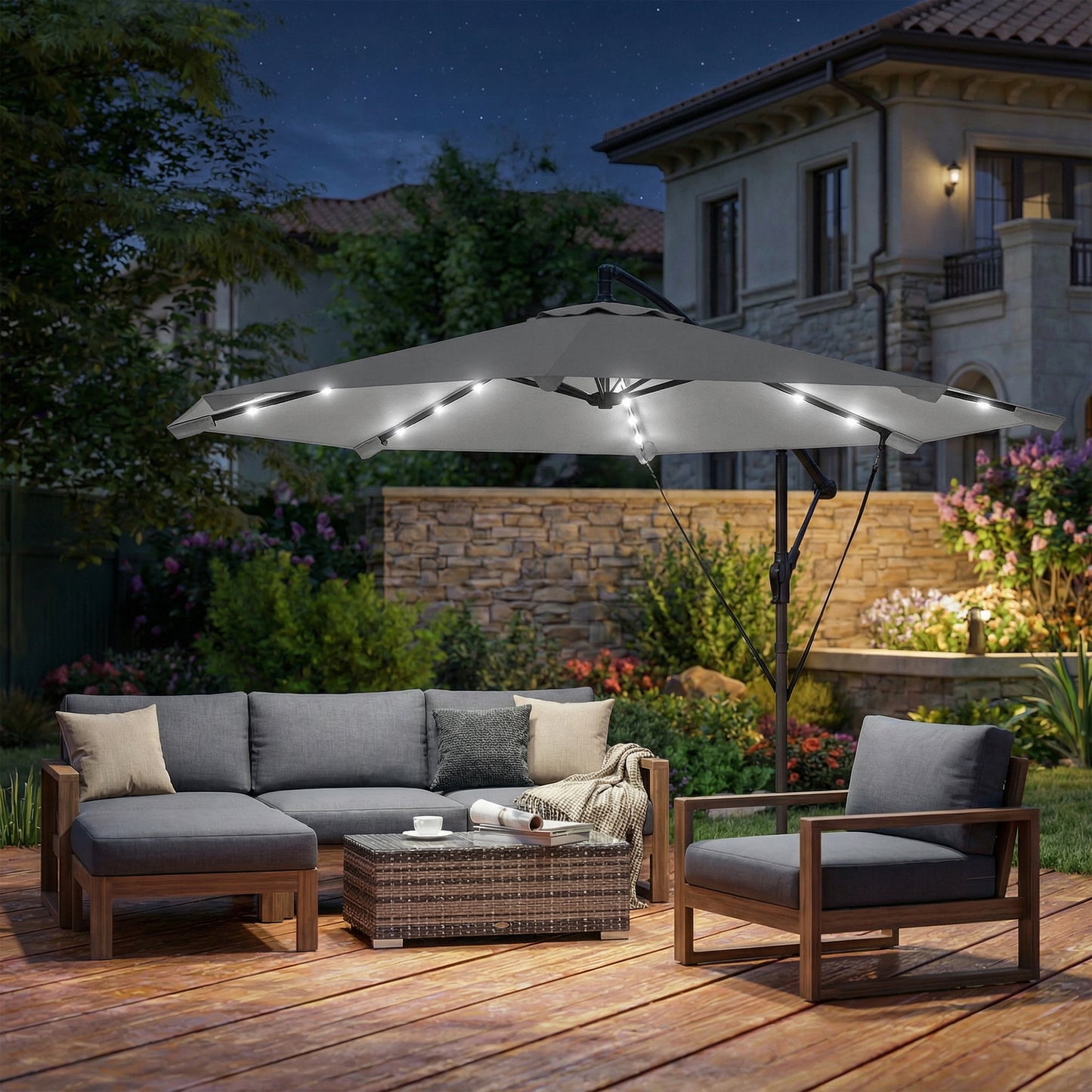 Outsunny 3 m Cantilever Parasol with Solar LED Lights Garden Umbrella with Cross Base, Light Grey