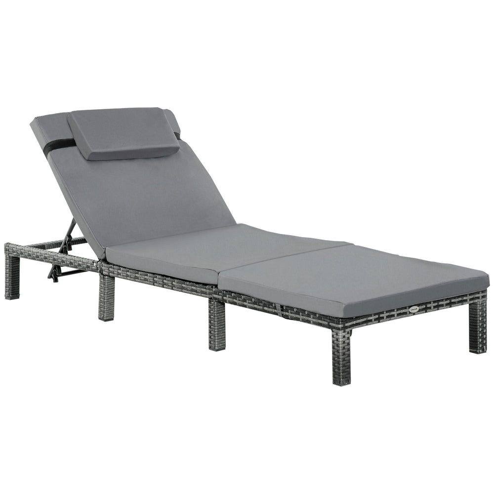 Outsunny Rattan Sun Lounger, 5-Level Adjustable Garden Lounger Recliner with Cushion and Headrest, Outdoor Reclining Sunbed, Steel Frame Garden Chair for Patio, Beach, Terrace, Dark Grey