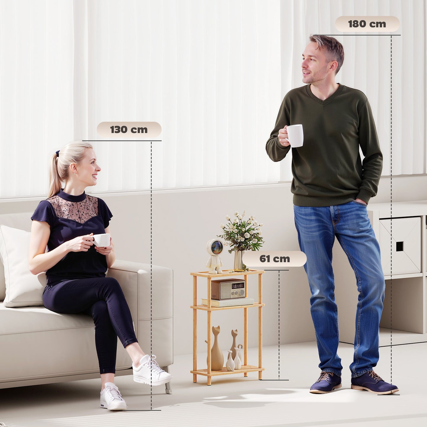 HOMCOM Bamboo Side Table, 3-Tier Slim End Table, Nordic Style, for Living Room, Bedroom, Office, Tool-Free Assembly, Natural Wood Finish