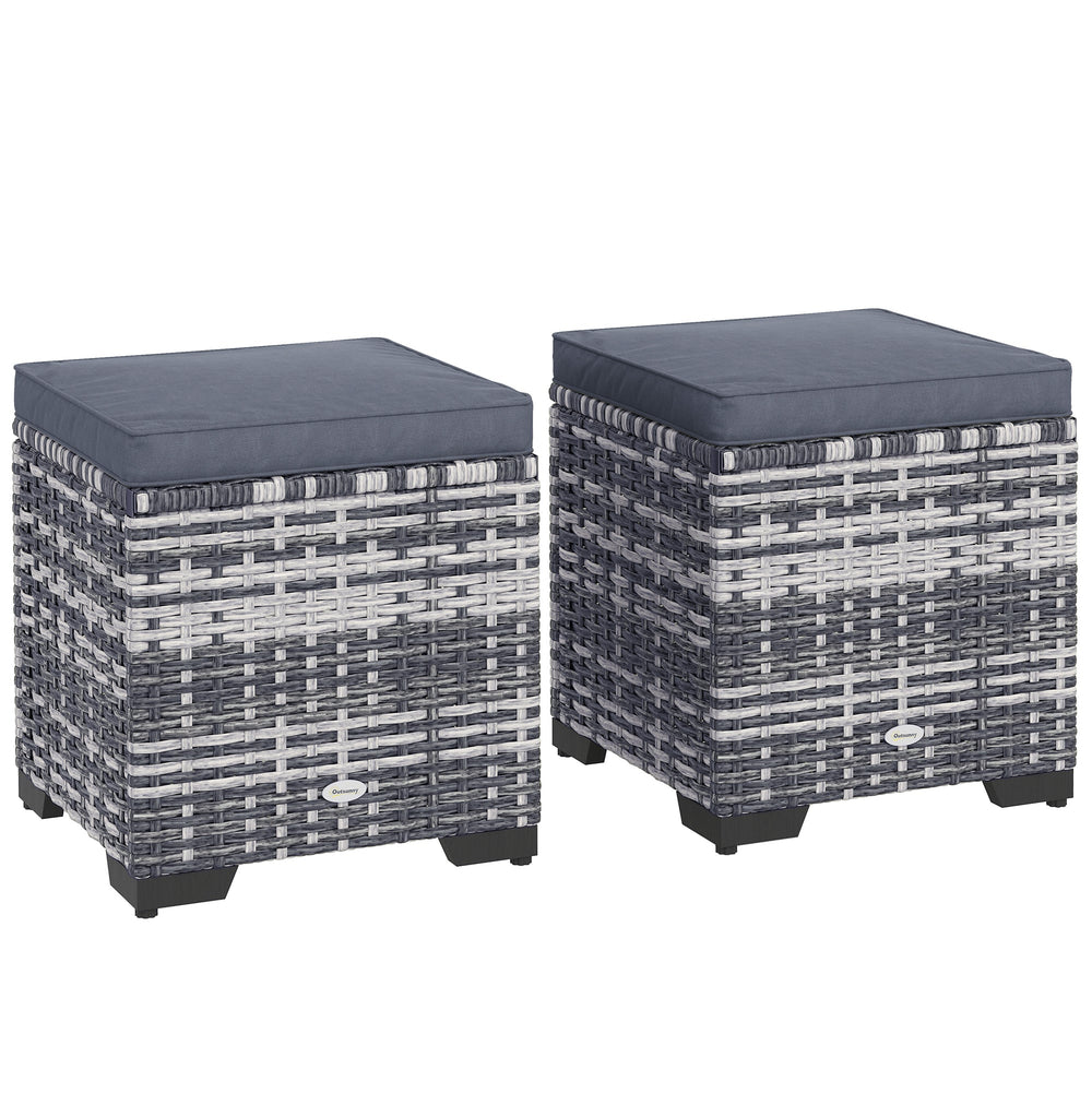 Outsunny Set of 2 Rattan Storage Ottoman, Outdoor Footstool with Removable Cushions, Garden Storage Seat for Balcony, Porch, Living Room, Dark Grey