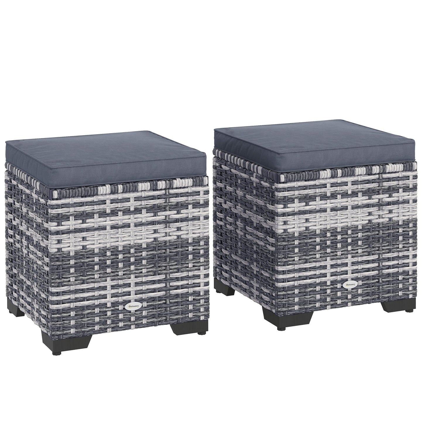 Outsunny Set of 2 Rattan Storage Ottoman, Outdoor Footstool with Removable Cushions, Garden Storage Seat for Balcony, Porch, Living Room, Dark Grey