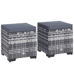 Outsunny Set of 2 Rattan Storage Ottoman, Outdoor Footstool with Removable Cushions, Garden Storage Seat for Balcony, Porch, Living Room, Dark Grey