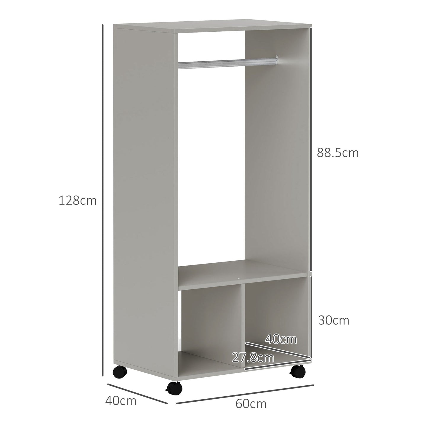 HOMCOM Open Wardrobe on Wheels, Bedroom Wardrobe with Clothes Hanging Rail, 2 Storage Shelves, Mobile Garment Rack for Cloakroom, Hallway, Grey