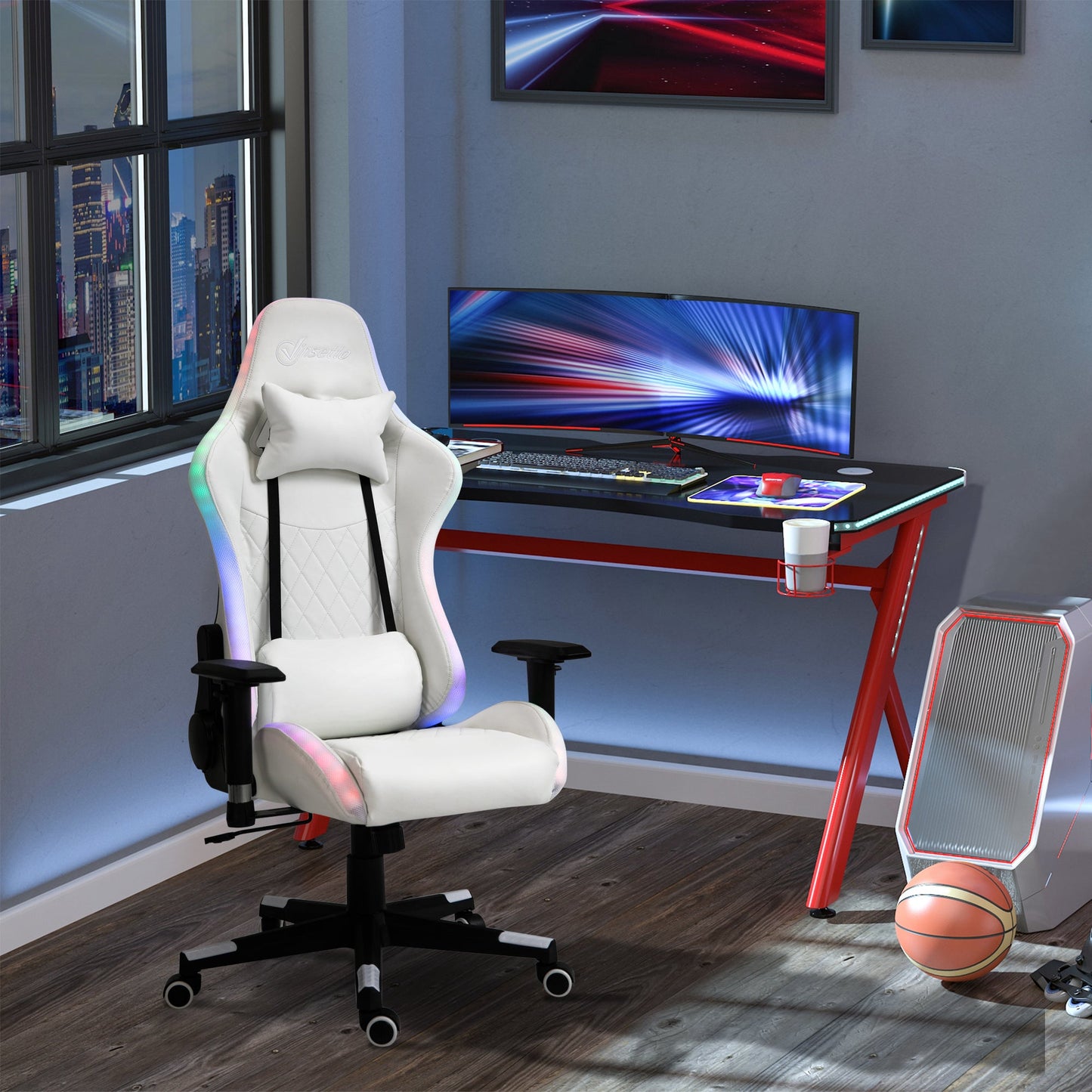 Vinsetto Gaming Chair with RGB LED Light, 2D Arm, Lumbar Support, Height Adjustable Swivel Office Computer Recliner, Racing Gamer Desk Chair for Home, White