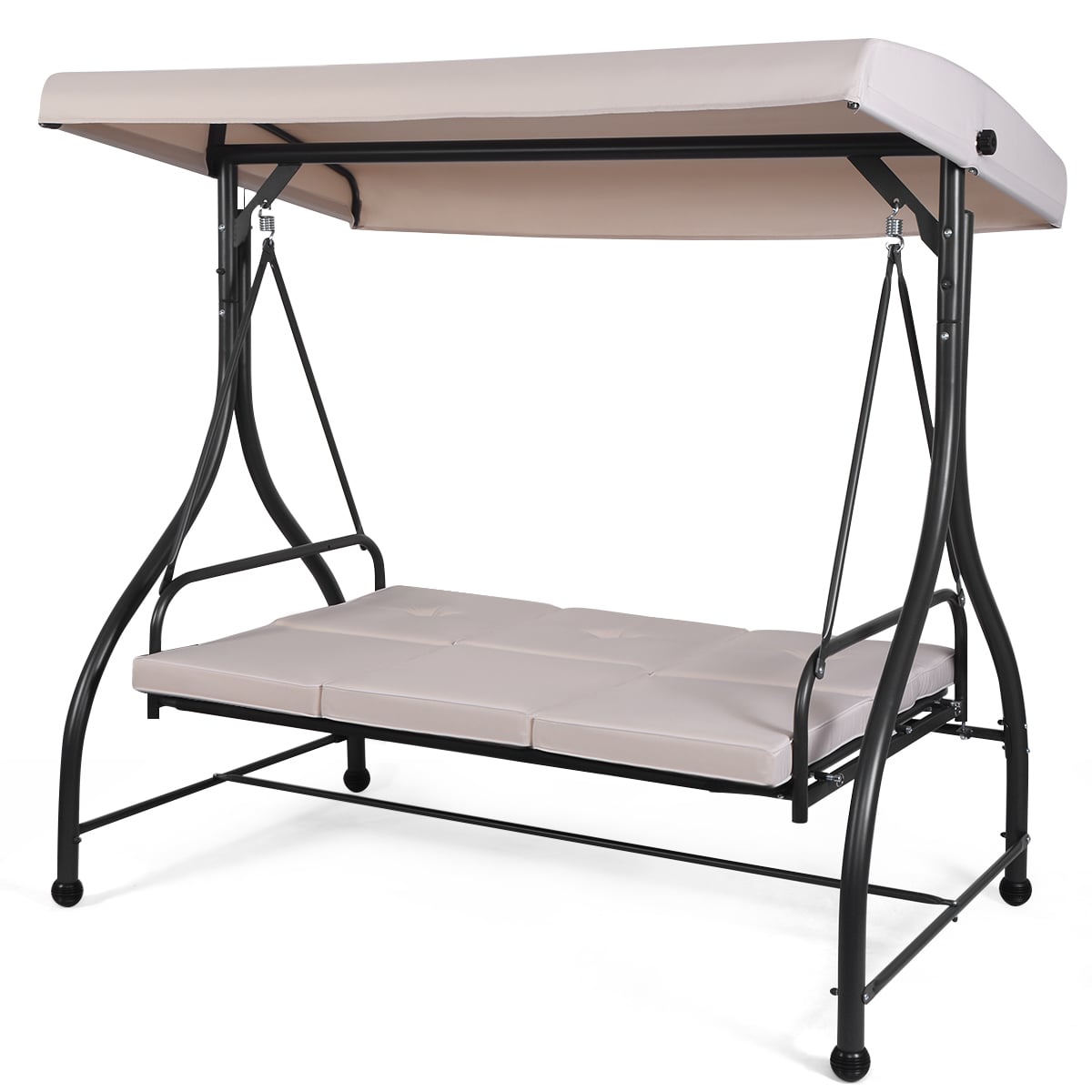 3 Seater Garden Swing Chair with Adjustable Canopy and Cushions-Beige