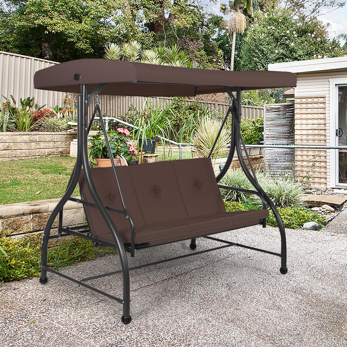 3 Seater Garden Swing Chair with Adjustable Canopy and Cushions-Brown