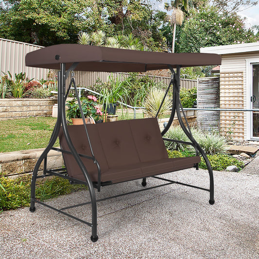 3 Seater Garden Swing Chair with Adjustable Canopy and Cushions-Brown