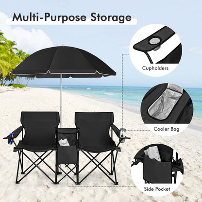 Portable Double Camping Chair with Umbrella and Ice Bag-Black