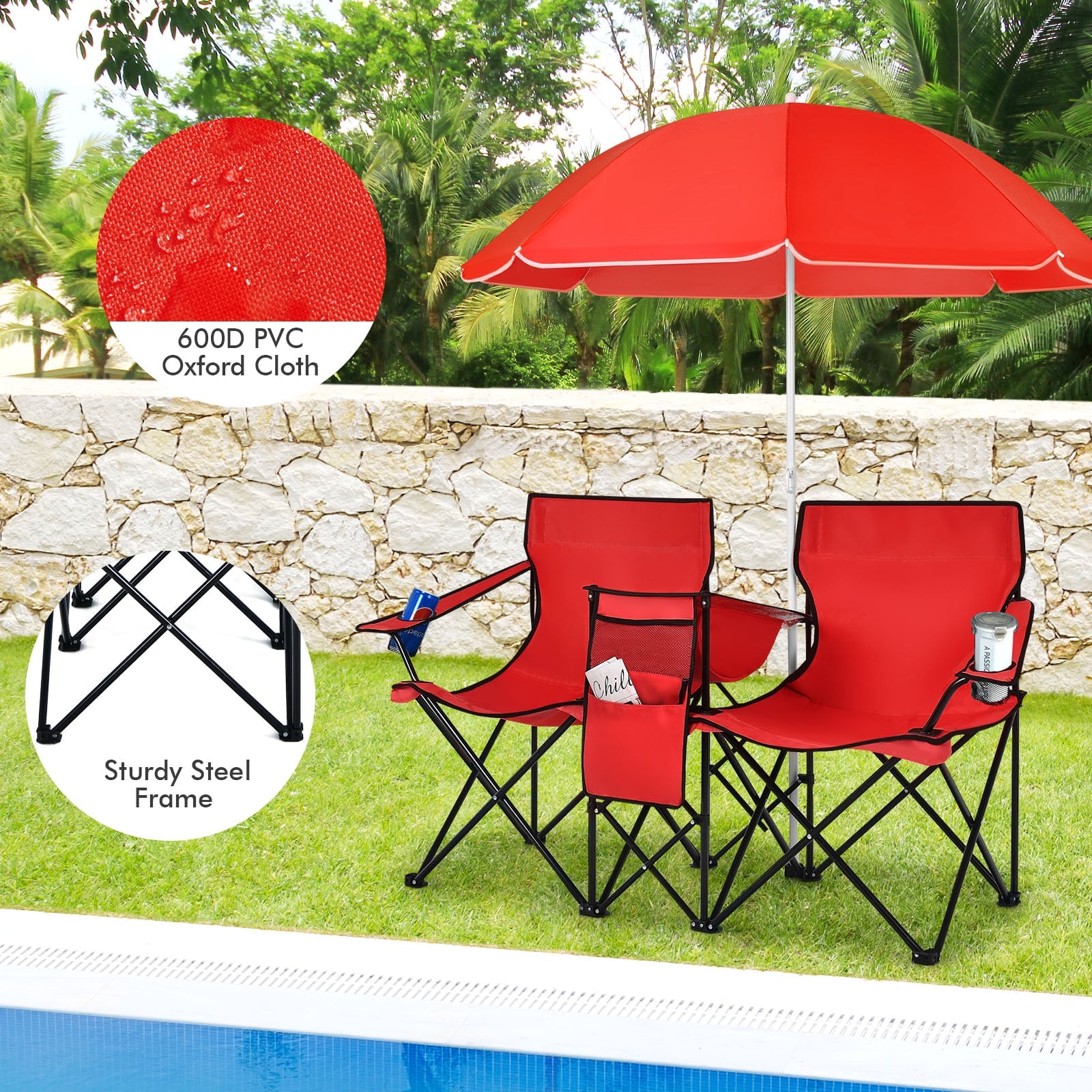 Portable Double Camping Chair with Umbrella &amp;amp; Ice Bag-Red