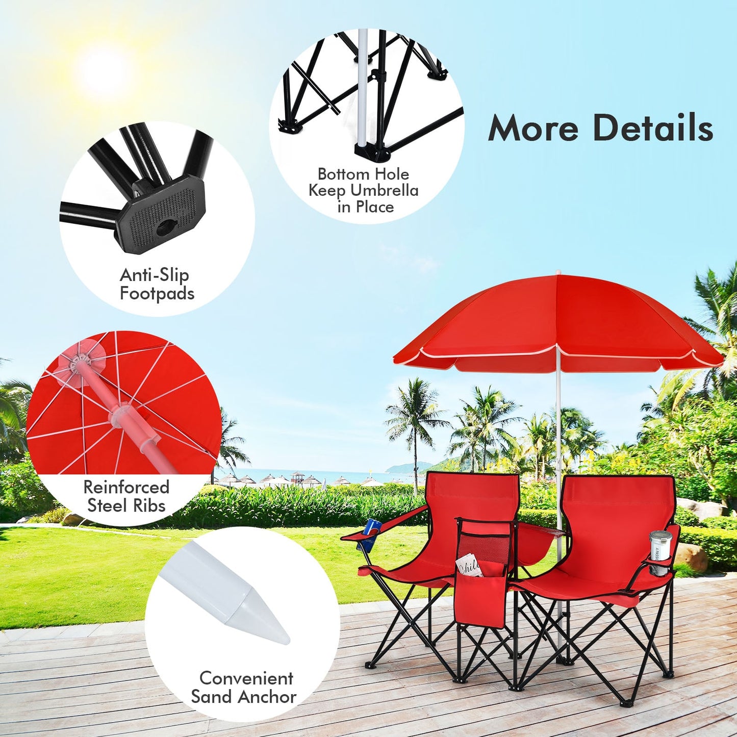 Portable Double Camping Chair with Umbrella &amp;amp; Ice Bag-Red