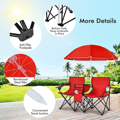 Portable Double Camping Chair with Umbrella &amp;amp; Ice Bag-Red