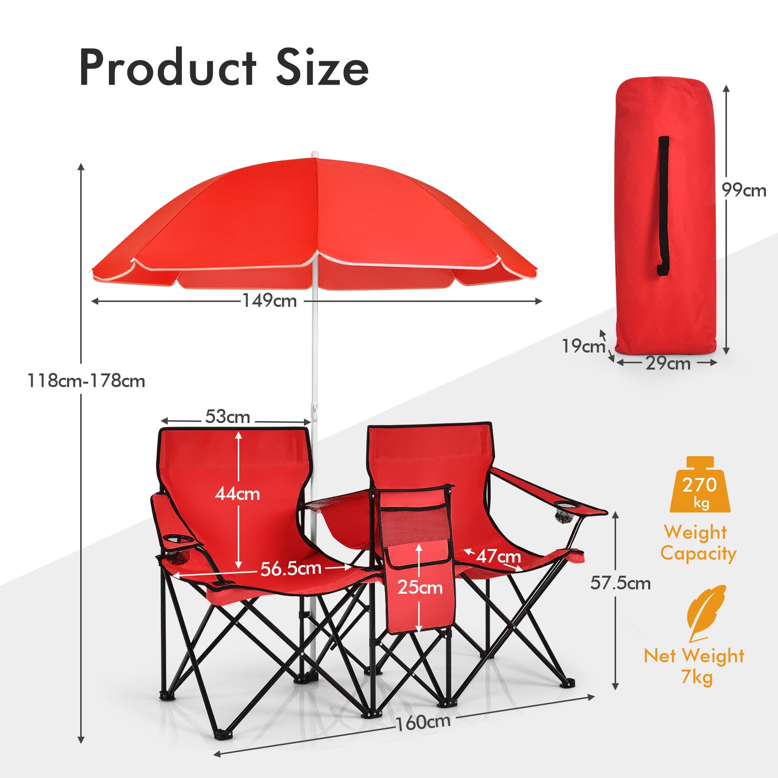 Portable Double Camping Chair with Umbrella &amp;amp; Ice Bag-Red