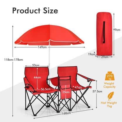 Portable Double Camping Chair with Umbrella &amp;amp; Ice Bag-Red